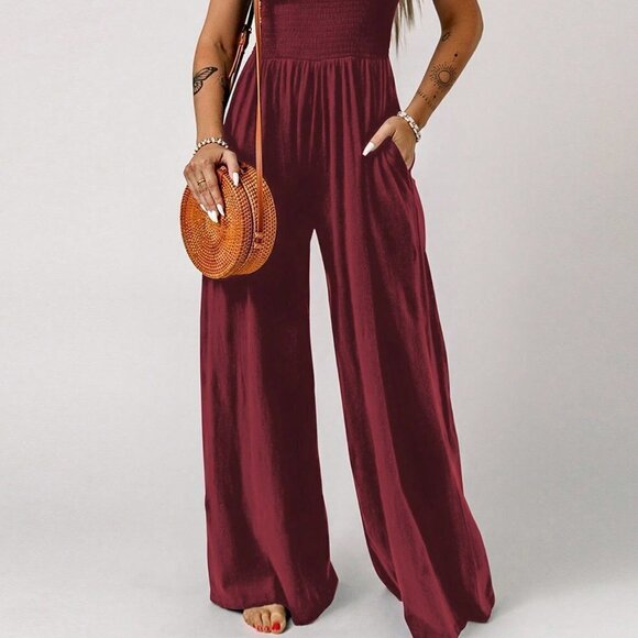 Red Casual Womens Solid Slant Pocket Wide Leg Jumpsuit - Picture 3 of 5